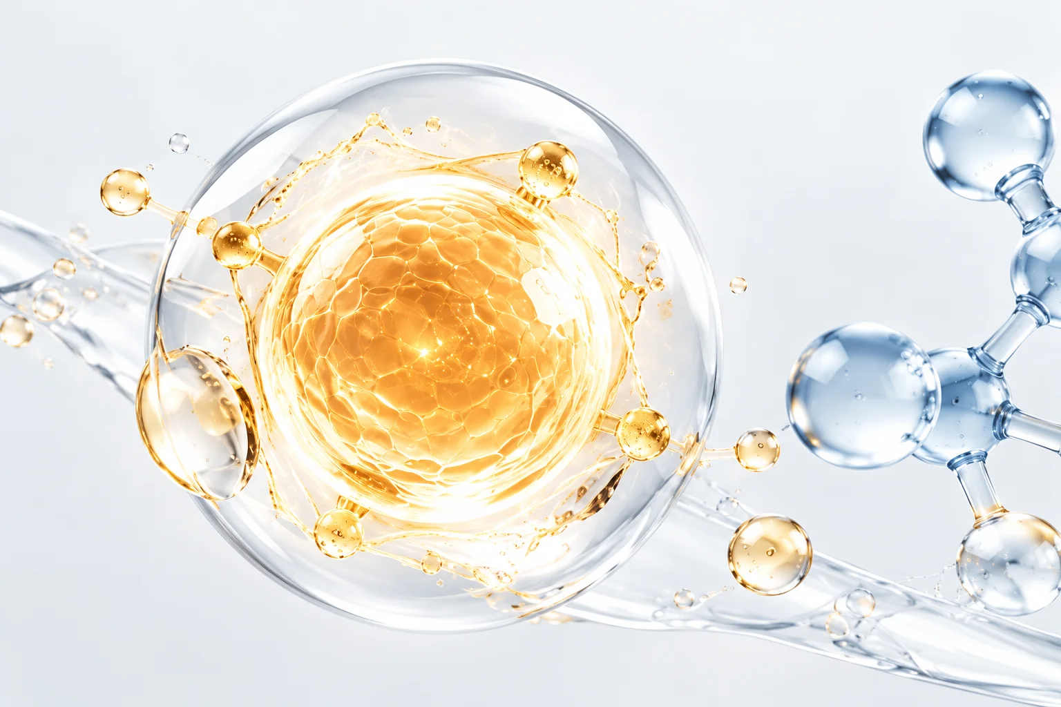 A detailed representation of a glowing golden molecular structure surrounded by smaller molecules in a transparent liquid background.